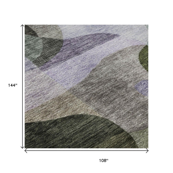 HomeRoots 9' X 12' Washable Abstract Geometric Area Rug in Olive Green, Purple & Brown - Stain & UV Resistant 684839