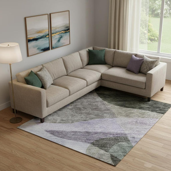 HomeRoots 9' X 12' Washable Abstract Geometric Area Rug in Olive Green, Purple & Brown - Stain & UV Resistant 684839