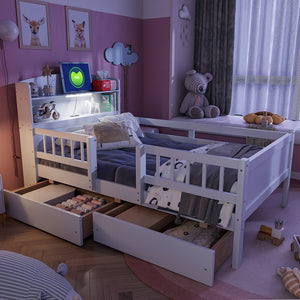 English Elm Wood Twin Size Platform Bed with Built-in LED Light, Multifunctional Headboard, Guardrail & Storage Drawers White N709P243969K