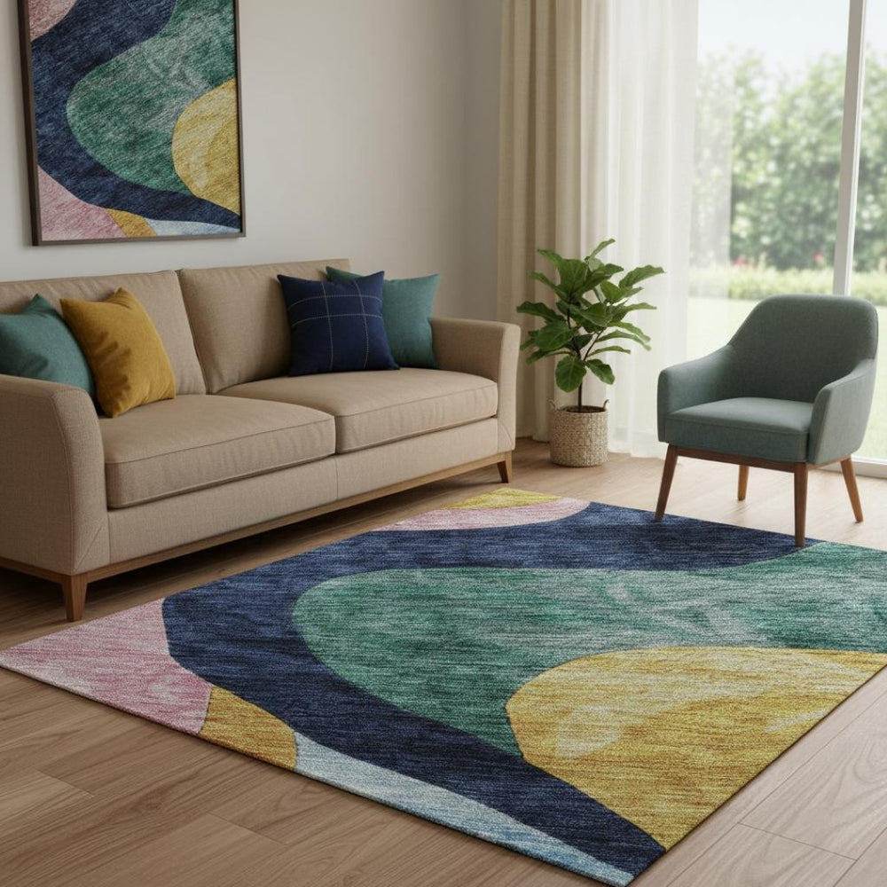 HomeRoots 5' X 8' Vibrant Abstract Washable Area Rug in Green, Orange, Teal & Pink with UV Protection & Stain Resistance 684842