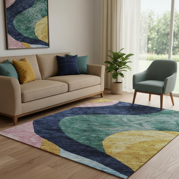 HomeRoots 5' X 8' Vibrant Abstract Washable Area Rug in Green, Orange, Teal & Pink with UV Protection & Stain Resistance 684842