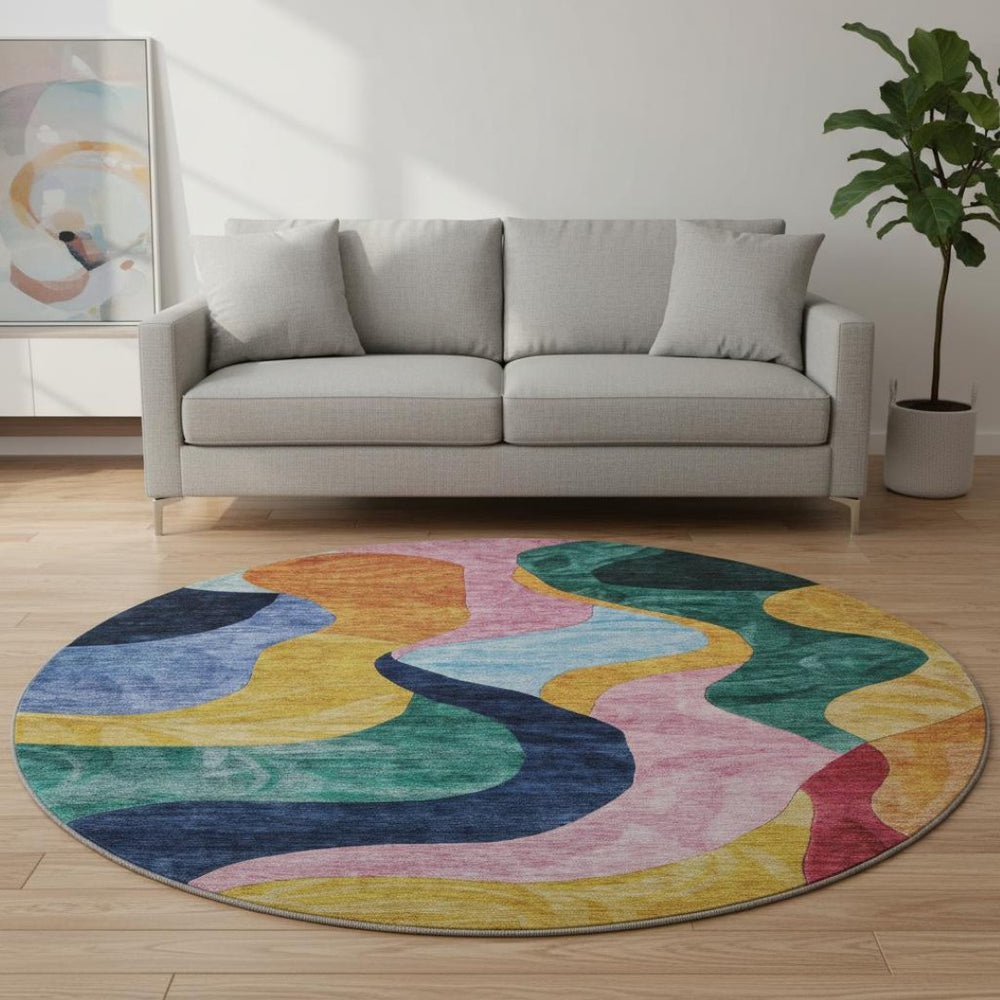 HomeRoots 8' Washable Round Rug in Vibrant Green, Orange, Teal & Pink - UV Protected for High-Traffic Areas 684843