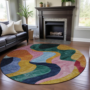 HomeRoots 8' Washable Round Rug in Vibrant Green, Orange, Teal & Pink - UV Protected for High-Traffic Areas 684843