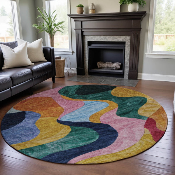HomeRoots 8' Washable Round Rug in Vibrant Green, Orange, Teal & Pink - UV Protected for High-Traffic Areas 684843