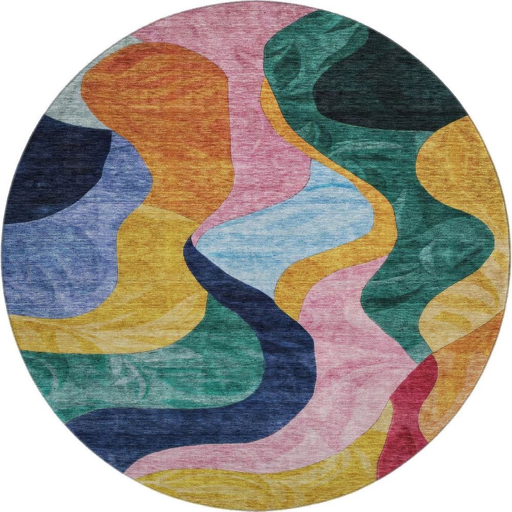 HomeRoots 8' Washable Round Rug in Vibrant Green, Orange, Teal & Pink - UV Protected for High-Traffic Areas 684843
