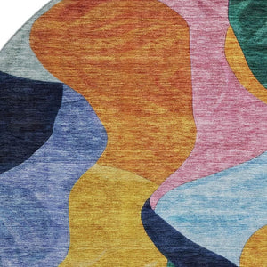 HomeRoots 8' Washable Round Rug in Vibrant Green, Orange, Teal & Pink - UV Protected for High-Traffic Areas 684843