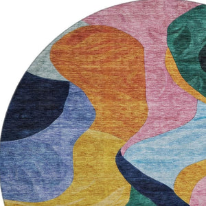 HomeRoots 8' Washable Round Rug in Vibrant Green, Orange, Teal & Pink - UV Protected for High-Traffic Areas 684843