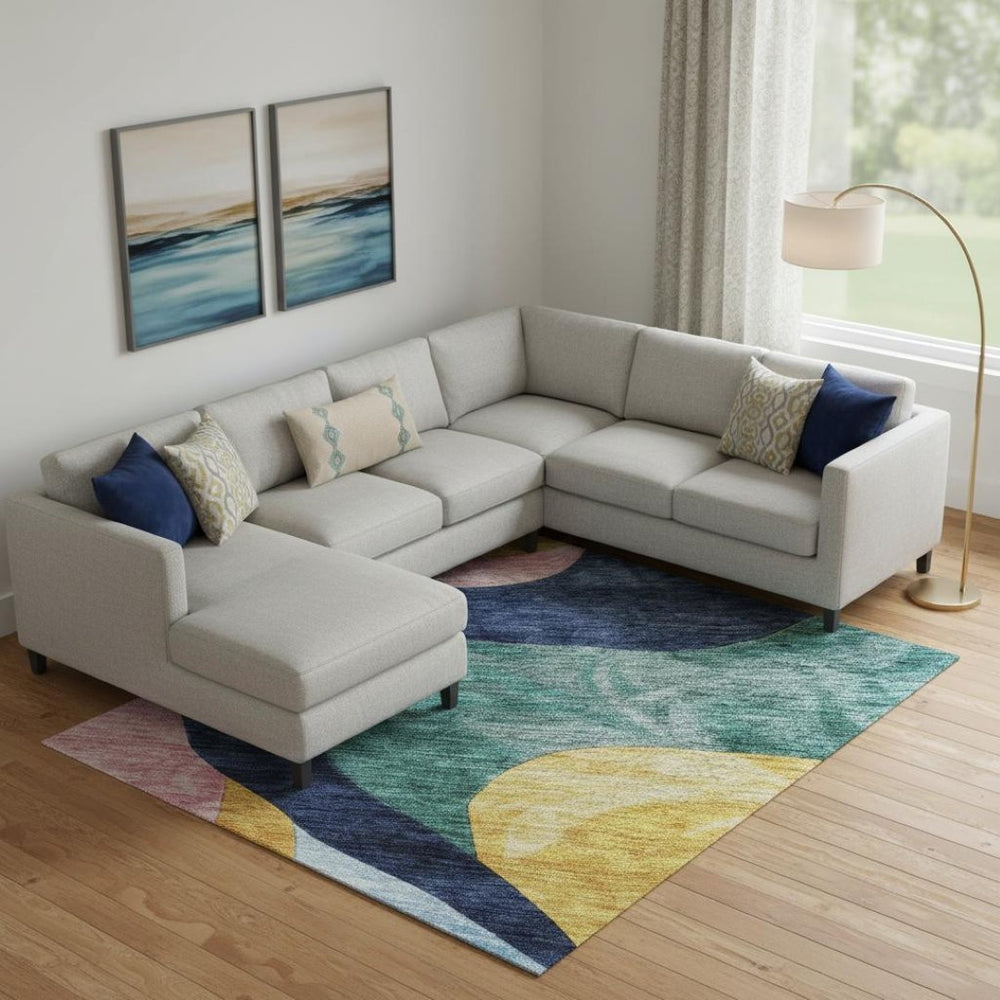 HomeRoots 9' X 12' Abstract Area Rug in Green, Orange, Teal & Pink - Washable, UV Protected for Busy Homes 684845