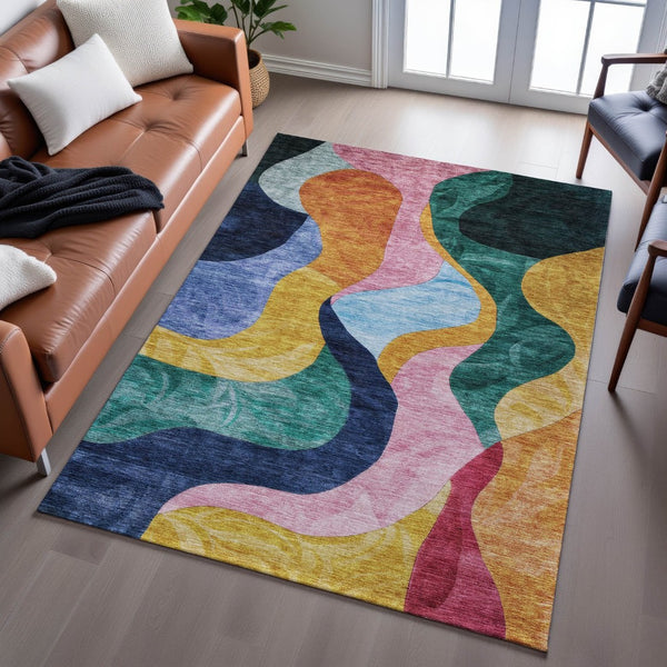 HomeRoots 10' Colorful Abstract Area Rug - Washable, UV-Protected, Durable Polyester for Busy Homes & Kids 684846