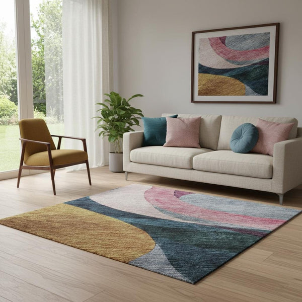 HomeRoots 5' Vibrant Abstract Washable Area Rug in Green, Pink, Purple & Teal - UV Protected & Stain Resistant! 684848