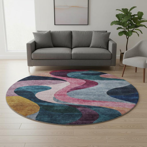 HomeRoots 8' Abstract Washable Round Rug in Green, Pink, Purple & Teal – UV Protected, Stain Resistant, Durable Style! 684849