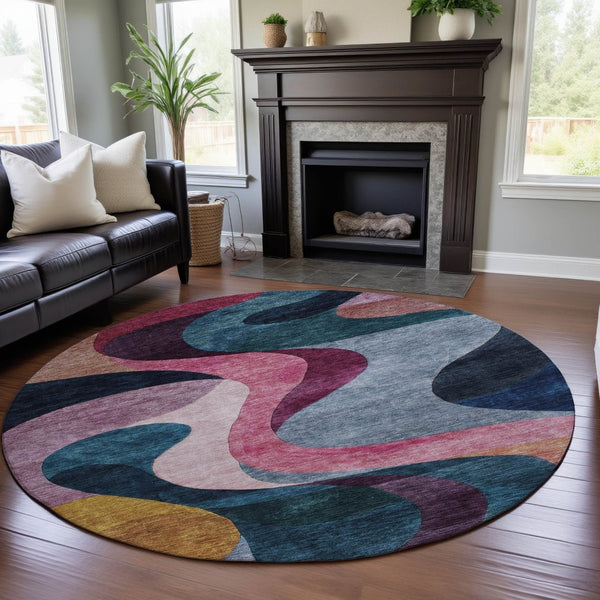 HomeRoots 8' Abstract Washable Round Rug in Green, Pink, Purple & Teal – UV Protected, Stain Resistant, Durable Style! 684849