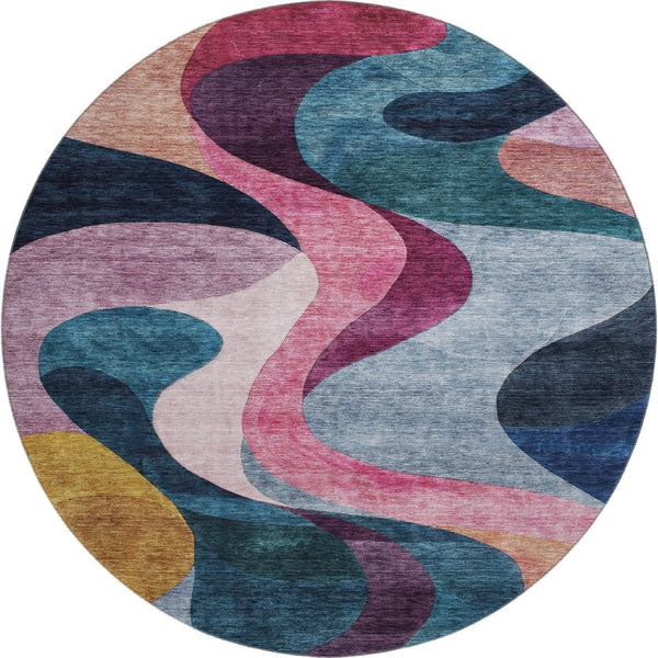 HomeRoots 8' Abstract Washable Round Rug in Green, Pink, Purple & Teal – UV Protected, Stain Resistant, Durable Style! 684849