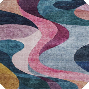 HomeRoots 8' Abstract Washable Round Rug in Green, Pink, Purple & Teal – UV Protected, Stain Resistant, Durable Style! 684849