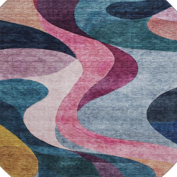 HomeRoots 8' Abstract Washable Round Rug in Green, Pink, Purple & Teal – UV Protected, Stain Resistant, Durable Style! 684849