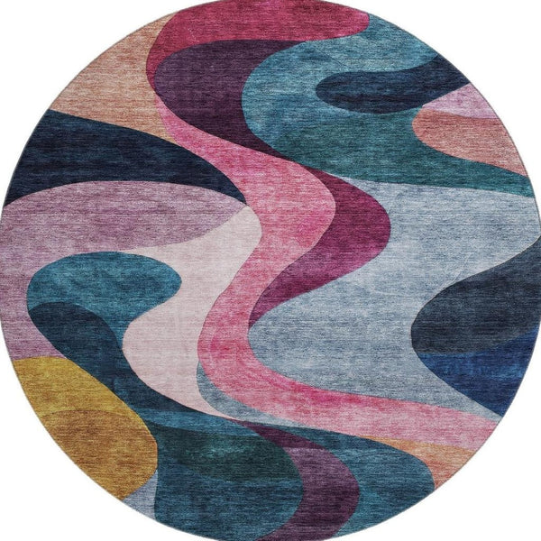 HomeRoots 8' Abstract Washable Round Rug in Green, Pink, Purple & Teal – UV Protected, Stain Resistant, Durable Style! 684849