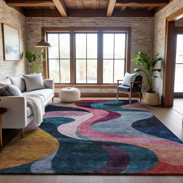 HomeRoots 9' Abstract Area Rug in Green, Pink, Purple & Teal - Washable, UV Protected, Modern & Durable Decor 684851