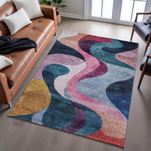 HomeRoots 9' Abstract Area Rug in Green, Pink, Purple & Teal - Washable, UV Protected, Modern & Durable Decor 684851