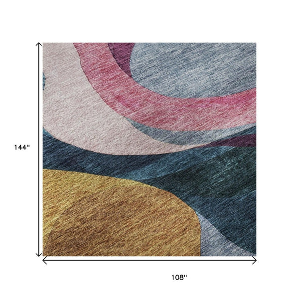 HomeRoots 9' Abstract Area Rug in Green, Pink, Purple & Teal - Washable, UV Protected, Modern & Durable Decor 684851