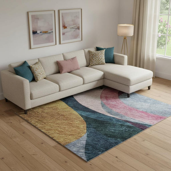HomeRoots 9' Abstract Area Rug in Green, Pink, Purple & Teal - Washable, UV Protected, Modern & Durable Decor 684851
