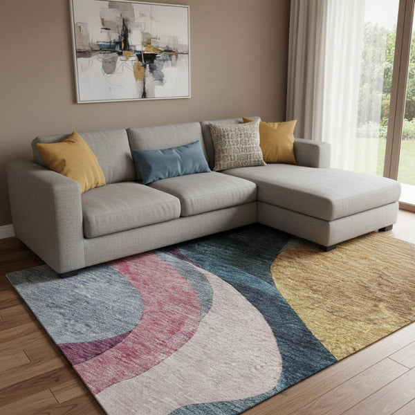 HomeRoots 10' Abstract Washable Area Rug in Green, Pink, Purple & Teal - UV Protection for High-Traffic Rooms 684852