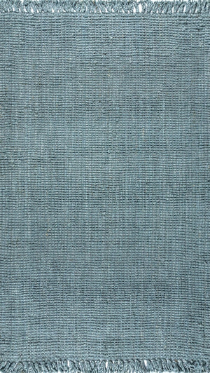 HomeRoots 10' X 13' Light Blue Jute Area Rug - Handmade Coastal Charm with Fringe for Living Spaces & Dining 684892