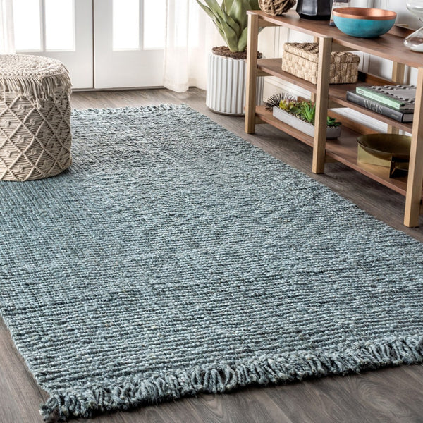 HomeRoots 10' X 13' Light Blue Jute Area Rug - Handmade Coastal Charm with Fringe for Living Spaces & Dining 684892