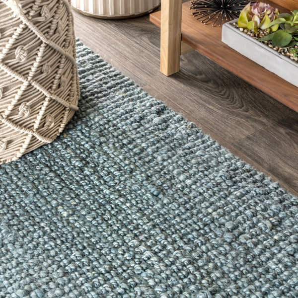 HomeRoots 10' X 13' Light Blue Jute Area Rug - Handmade Coastal Charm with Fringe for Living Spaces & Dining 684892