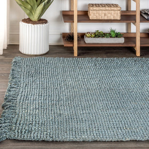 HomeRoots 10' X 13' Light Blue Jute Area Rug - Handmade Coastal Charm with Fringe for Living Spaces & Dining 684892