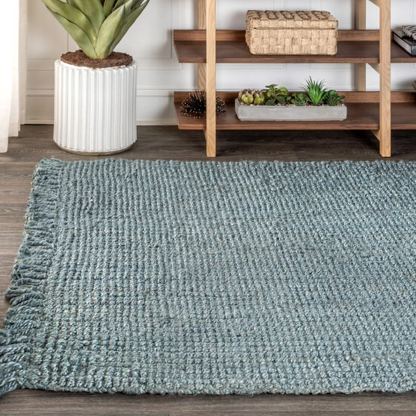 HomeRoots 10' X 13' Light Blue Jute Area Rug - Handmade Coastal Charm with Fringe for Living Spaces & Dining 684892