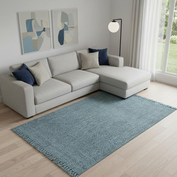 HomeRoots 10' Light Blue Jute Area Rug - Handmade with Fringed Tassels for Coastal Charm in Large Spaces 684893