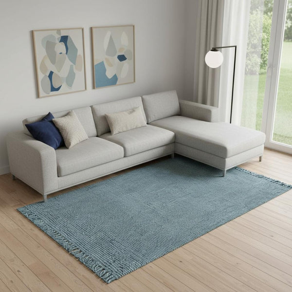 HomeRoots 12' Light Blue Jute Handmade Area Rug - Elegant Fringe Design for Living Rooms & Coastal Spaces 684895