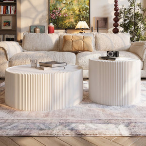 English Elm Light Sintered Stone Pu Leather Drum Coffee Table with Unique Gold Veining W3081P367602
