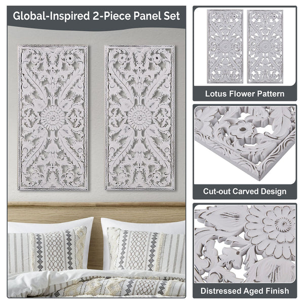 JLA Home Madison Park - Botanical Hand-Carved Lotus Wall Panels Set with Distressed Wood Finish for Rustic Home Decor and Texture Antique Green MP95B-0363