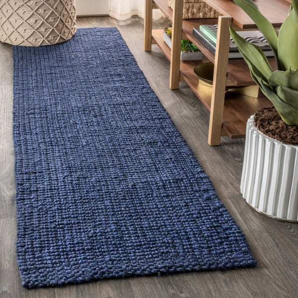 HomeRoots 12' Navy Blue Jute Handmade Runner Rug – Eco-Friendly, Durable, and Stylish for Hallways & Entryways 684919