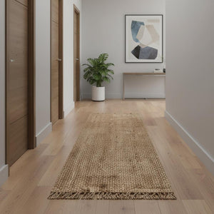 HomeRoots 12' Natural Jute Runner Rug - Handmade with Fringe for Hallways, Kitchens & Rustic Decor Charm 684956