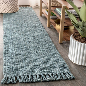 HomeRoots 18' Light Blue Jute Handmade Runner Rug with Fringed Ends - Perfect for Hallways & Entryways! 684965