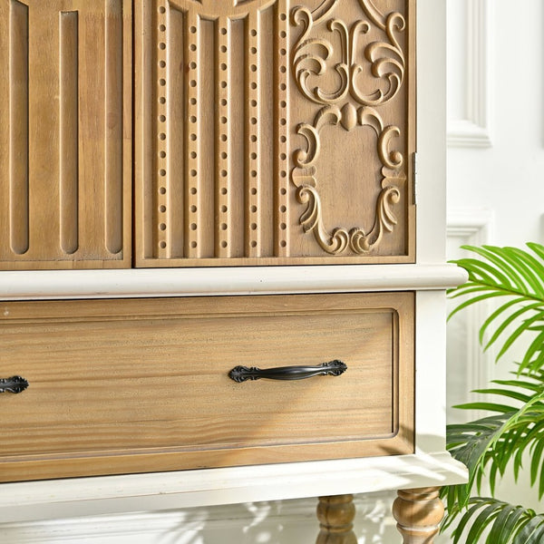English Elm 31.50" Floral Carved Wood Accent Cabinet with Arched Doors Drawer and Shelf W3933P379106