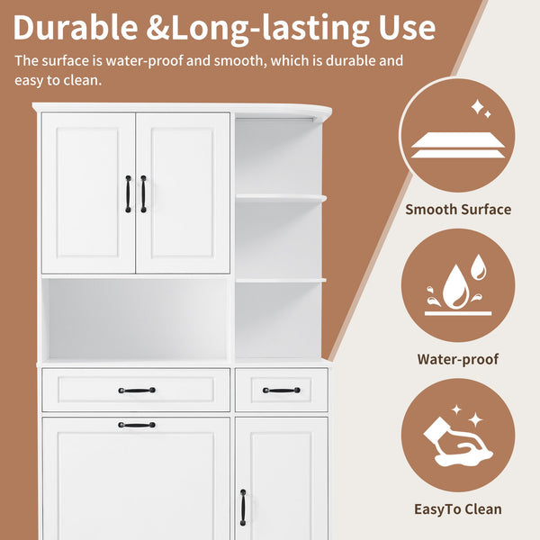 English Elm Tall Freestanding Organizer Cabinet with Tilt-Out Hamper, 2 Drawers, Adjustable Shelves, Modern White MDF Storage N725S352451K