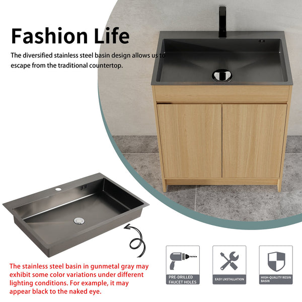 English Elm 28" Freestanding Bathroom Vanity with Gun-Gray Stainless Sink, Soft-Close Doors, Adjustable Shelves, Plywood Finish W999P376890