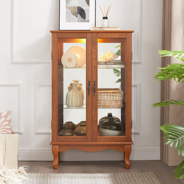 English Elm 2 Doors Curio Cabinet With Adjustable Shelves, Mirrored Back & Integrated Lighting - Elegant Oak Display W2275P177197