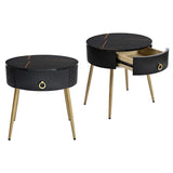 English Elm Φ19.6'' Easy Assembly End Tables With High Gloss Faux Marble Tabletops, Set Of 2, Modern Fluted 2 Side Tables With Drawers, Round Coffee Tables With Golden Legs For Living Room, Black