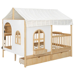 English Elm Full Size Kids House Bed with Led Bookshelf Storage Drawers and Charging Station Natural LP000378AAN