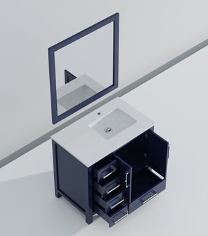 English Elm Navy Blue Bath Vanity 36" W X 22" D With Right Offset White Quartz Top & Elegant 34" Mirror Set B2731S00694