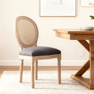 English Elm Dining Chairs Set of 2 Grey French Country Rattan Upholstered Round Back Solid Wood Legs, Cozy Classic Elegance for Dining Room, Kitchen, Living (Grey) W3426P397368