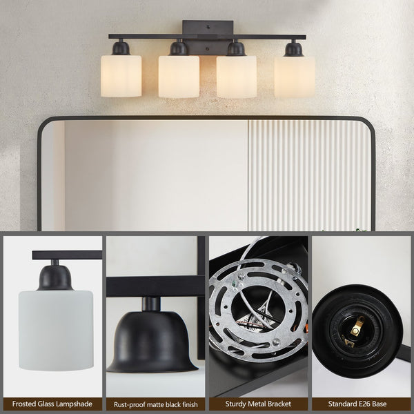 English Elm Black 24" 4-Light Bathroom Vanity Light Fixture, Modern Industrial Wall Sconce with Frosted Glass Shades, Hardwired E26 (Bulbs Not Included) W1340P310788