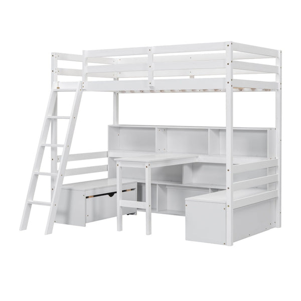 English Elm Twin Low Loft Bed with Pull Out Desk Drawers Cabinet and Shelves for Kids White W697S00034