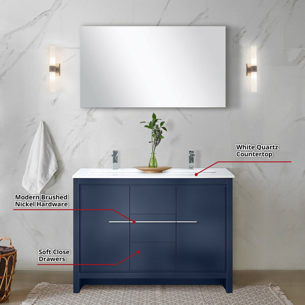 English Elm Navy Blue Double Bath Vanity With White Quartz Top, Chrome Faucet & 43" Mirror For Modern Spaces B2731S01701