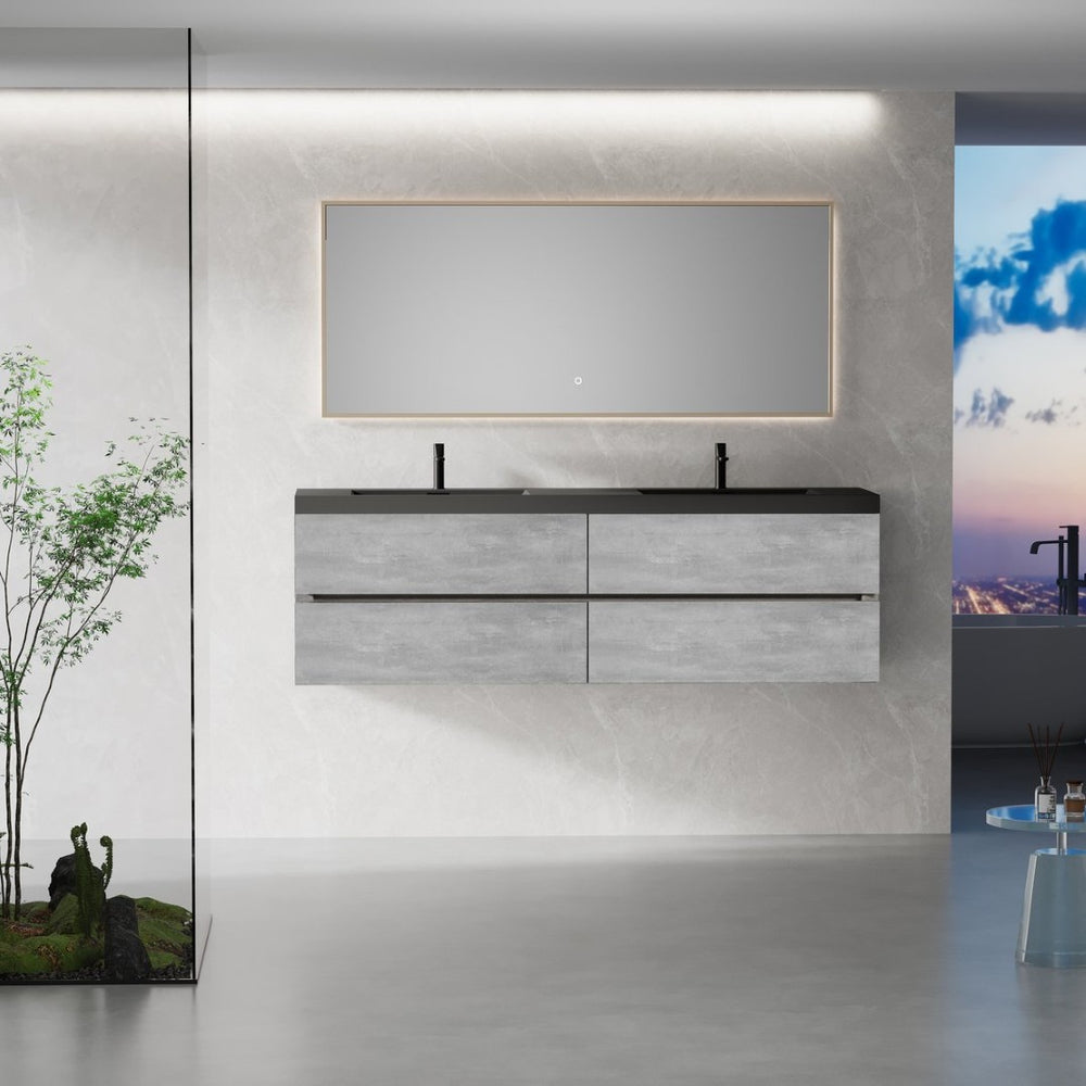 English Elm 72" Floating Double Basin Vanity Cement Grey Wall Mount with Soft Close Drawers W1573S00060