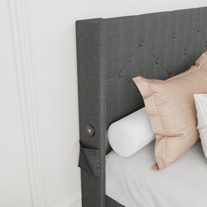 English Elm Full Size bed frame with gas lift storage, modern wingback channel headboard, USB ports included Dark Gray W1960P176242
